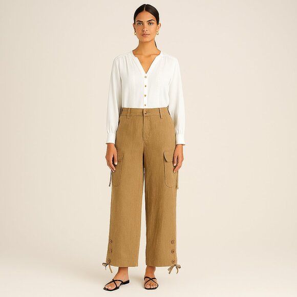 Ralph Lauren Womens Tan 100% Linen Drawstring Utility Cargo Safari Pants NWT - Picture 2 of 10